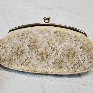 Vintage Avon Cream Gold Floral‎ Brocade Metallic Clutch Bag Formal Dance Card